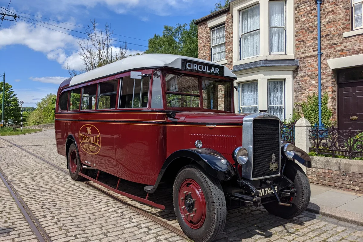 An accessible heritage bus at Beamish with its rear wheelchair lift platform lowered