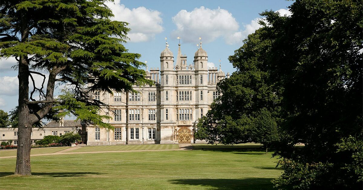 Burghley House viewed across its parkland