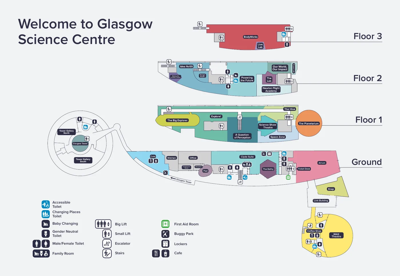 Glasgow Science Centre floor map marking lifts, accessible toilets and Changing Places toilets