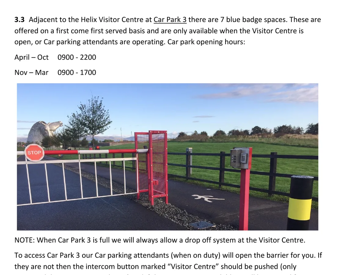 The official Helix access guide page showing the barrier and Blue Badge route into Car Park 3 beside the visitor centre