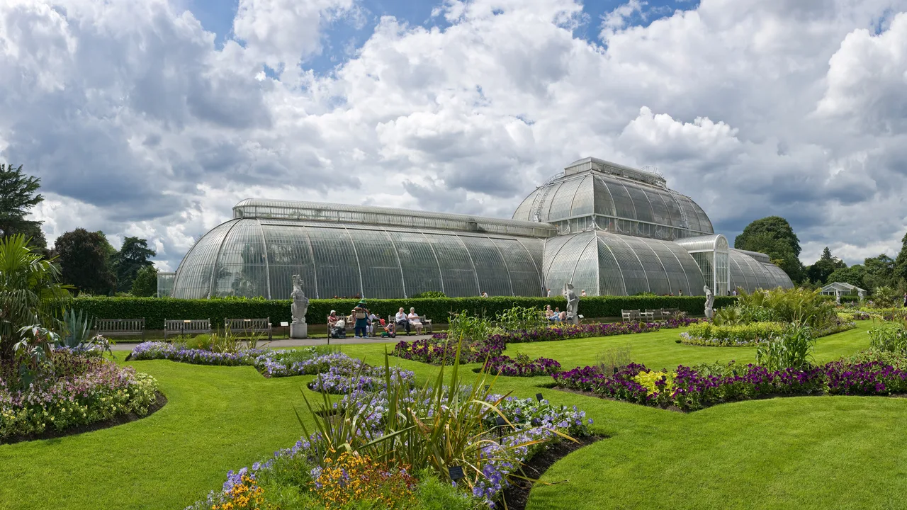 Palm House and flower beds at Kew Gardens