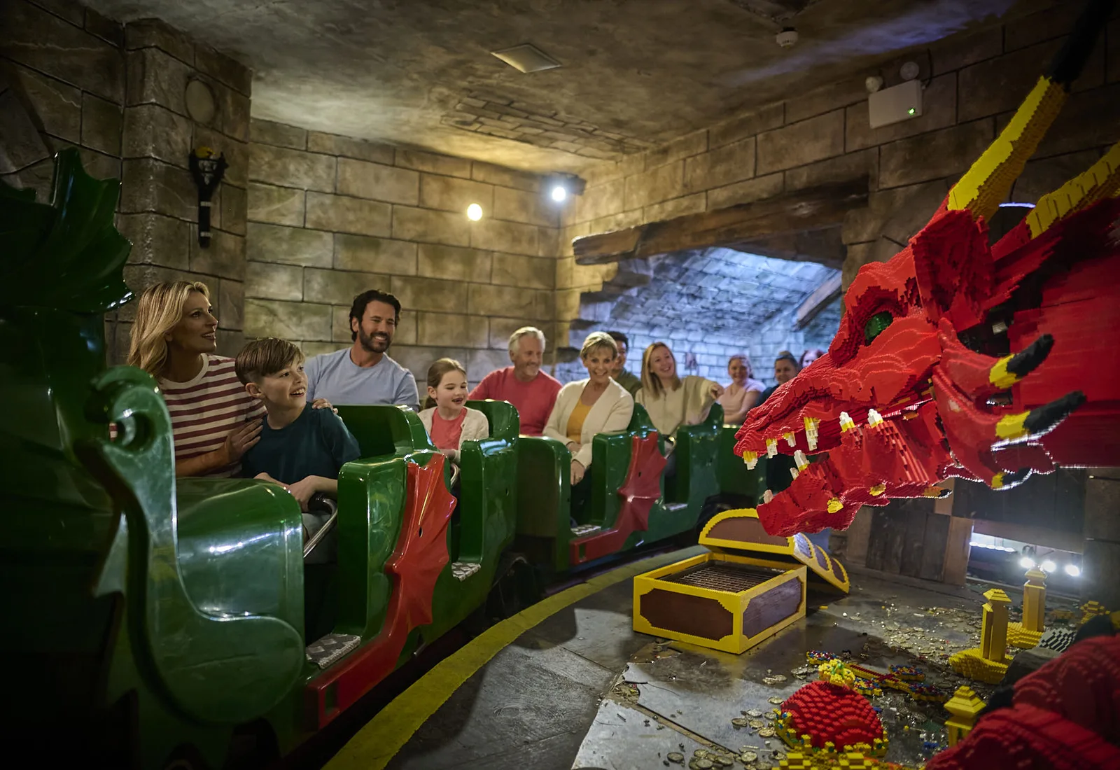 A family riding the Dragon rollercoaster at LEGOLAND Windsor