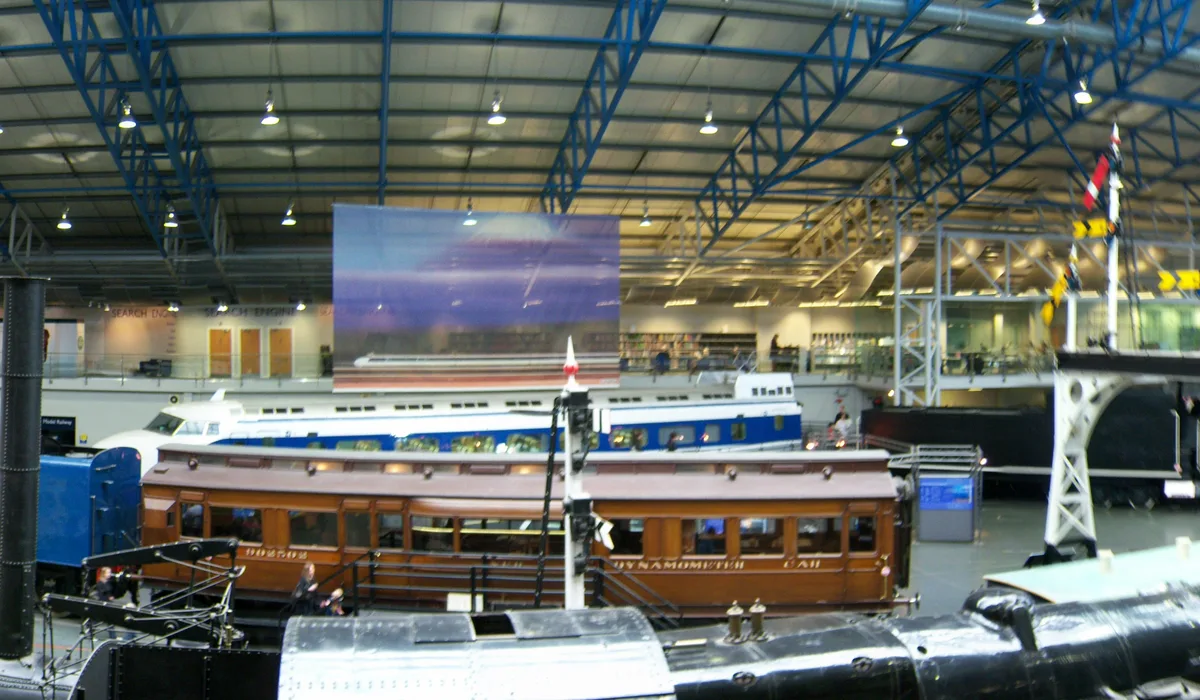 Historic locomotives displayed around the turntable in the National Railway Museum Great Hall