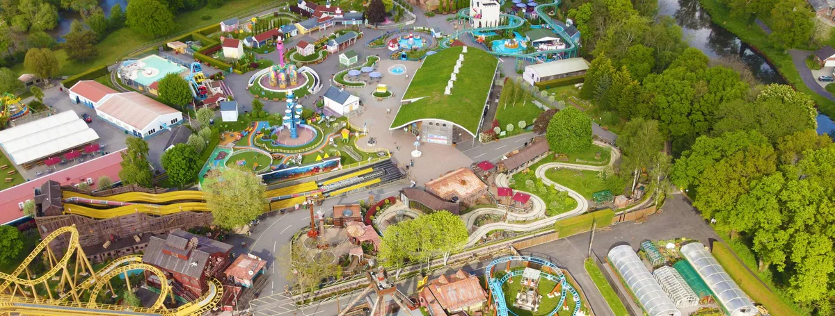 Aerial view of Paultons Park showing paths, rides and landscaped areas