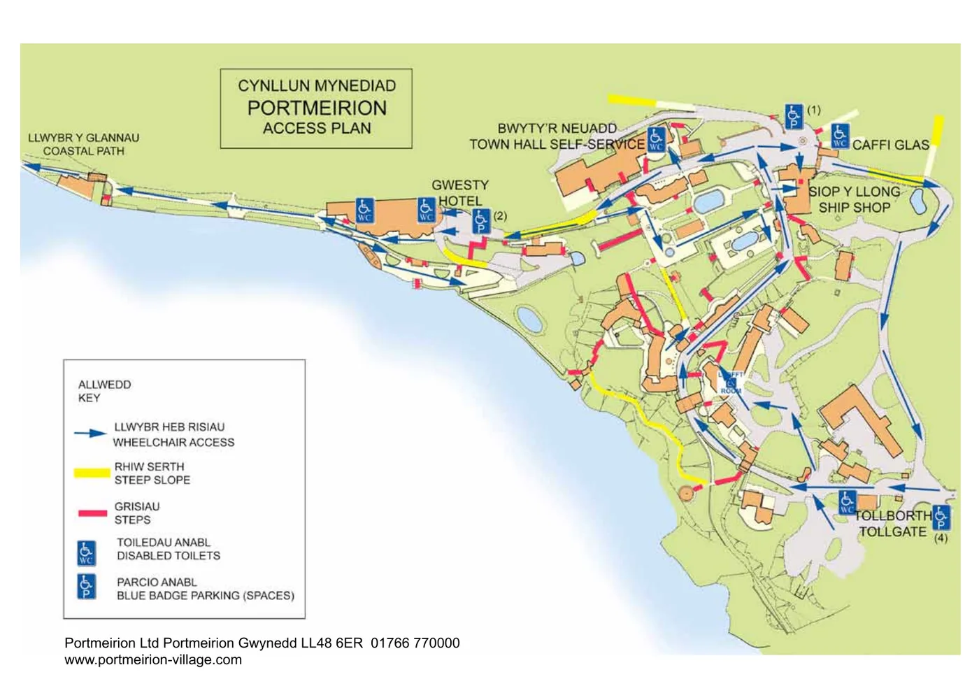 Portmeirion access plan marking wheelchair routes, steep slopes, steps, accessible toilets and Blue Badge parking