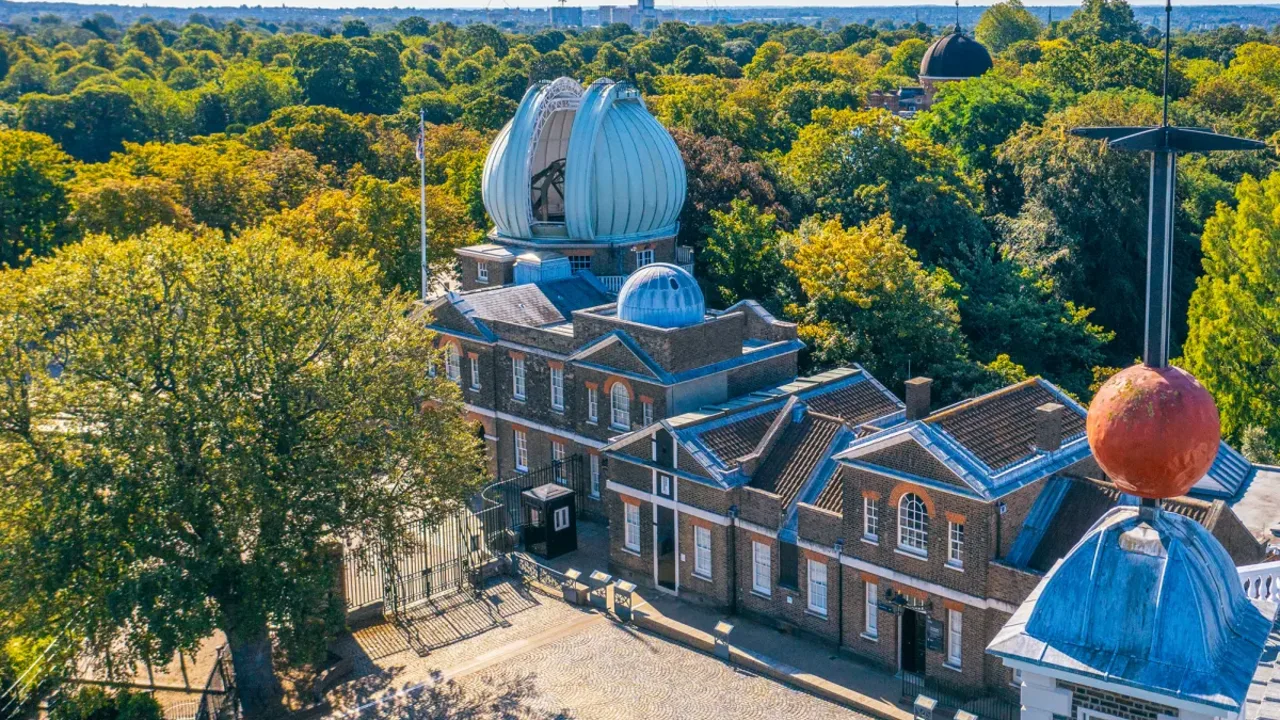 Aerial view of the historic Royal Observatory buildings in Greenwich Park