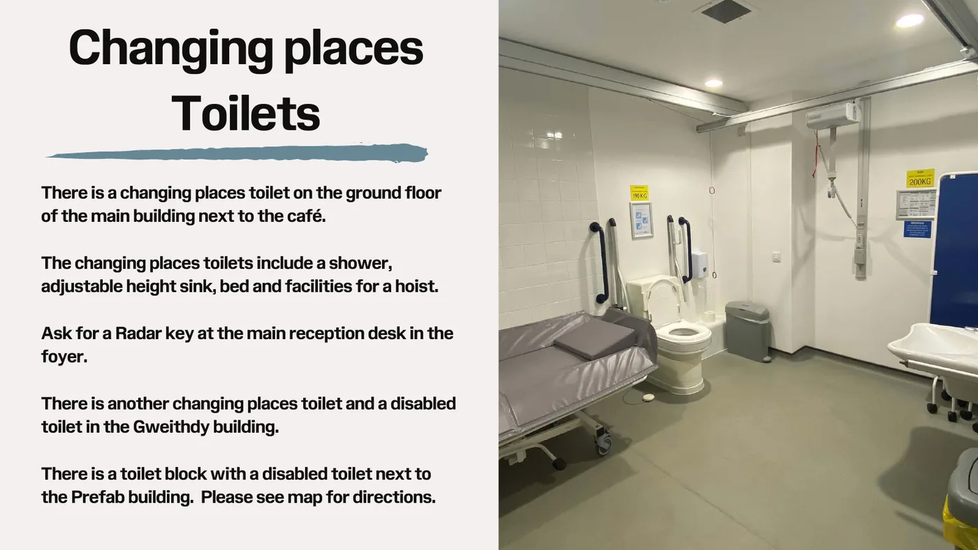 St Fagans visual story page showing its Changing Places toilet, shower, changing bed and ceiling hoist